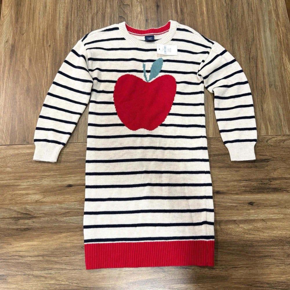 Baby Gap NWT Ivory Navy Striped Apple Knit Sweater Dress Girls Long Sleeve Sz 5